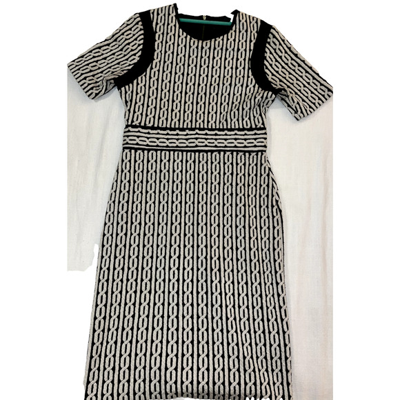 Gabby Skye Black/ Beige Geometric Pattern Green Zipper Detail Dress SIZE 4 - Picture 2 of 9